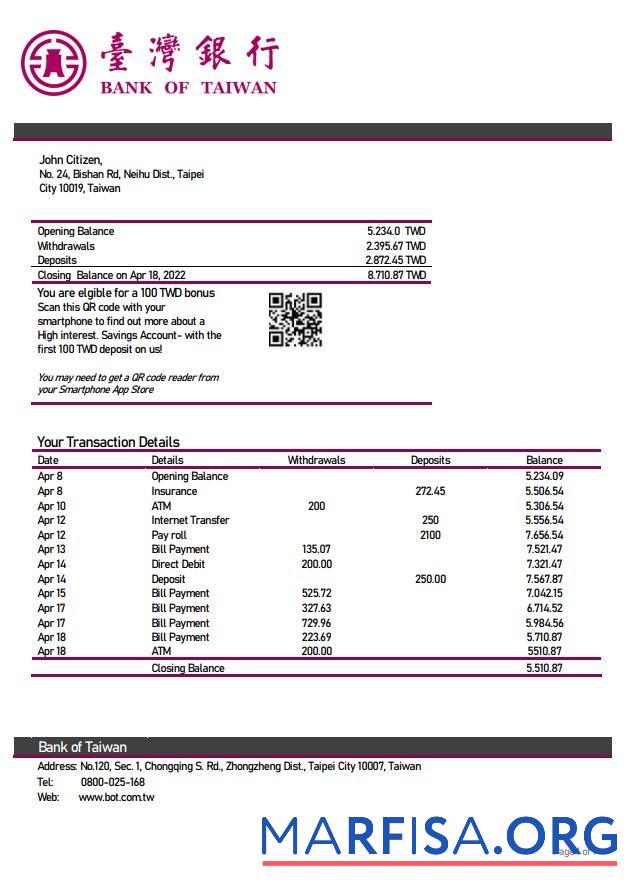 Blank Taiwan Bank of Taiwan bank statement word example